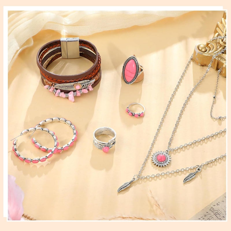Ecally Store Bohemian Western Jewelry Turquoise Set Women Country Pendant Long Choker Layered Bracelets Earrings Ring for Women - Image 2
